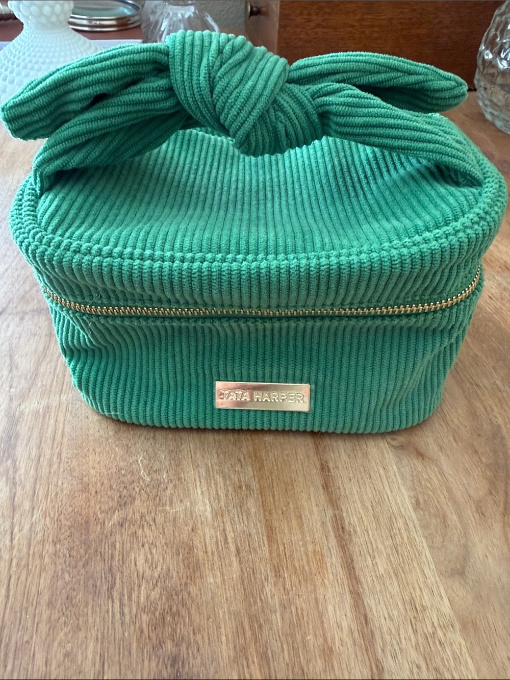 Tata Harper Emerald Green Corduroy Cosmetic Case with Knot Handle